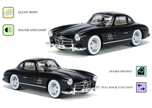 Mercediz-Benzz 300 SL Metal Toy Car – 1:32 Die-Cast Pull-Back Model with Lights, Sound & Openable Doors