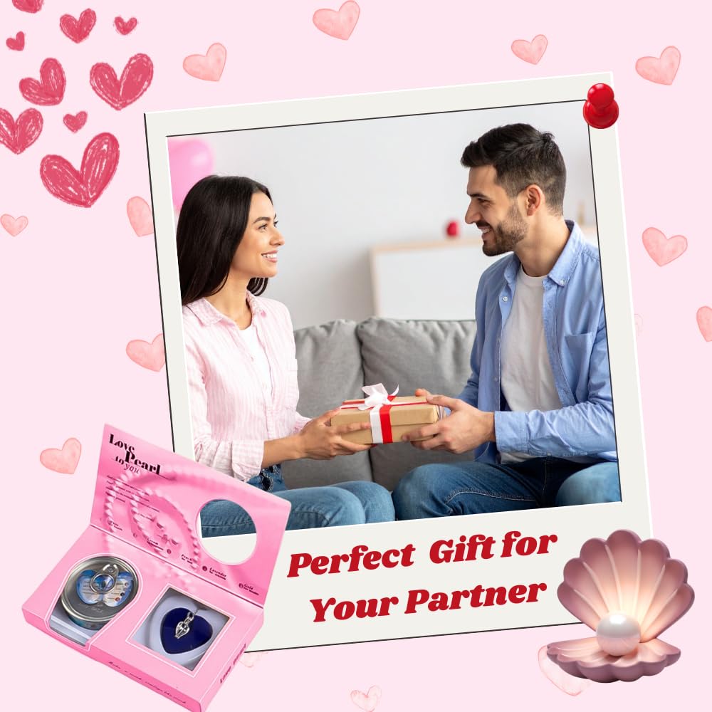 Couple exchanging gifts with a pink jewelry box and heart decorations on a pink background.