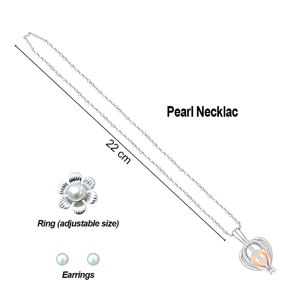 Pearl jewelry set including necklace, ring, and earrings on a white background.
