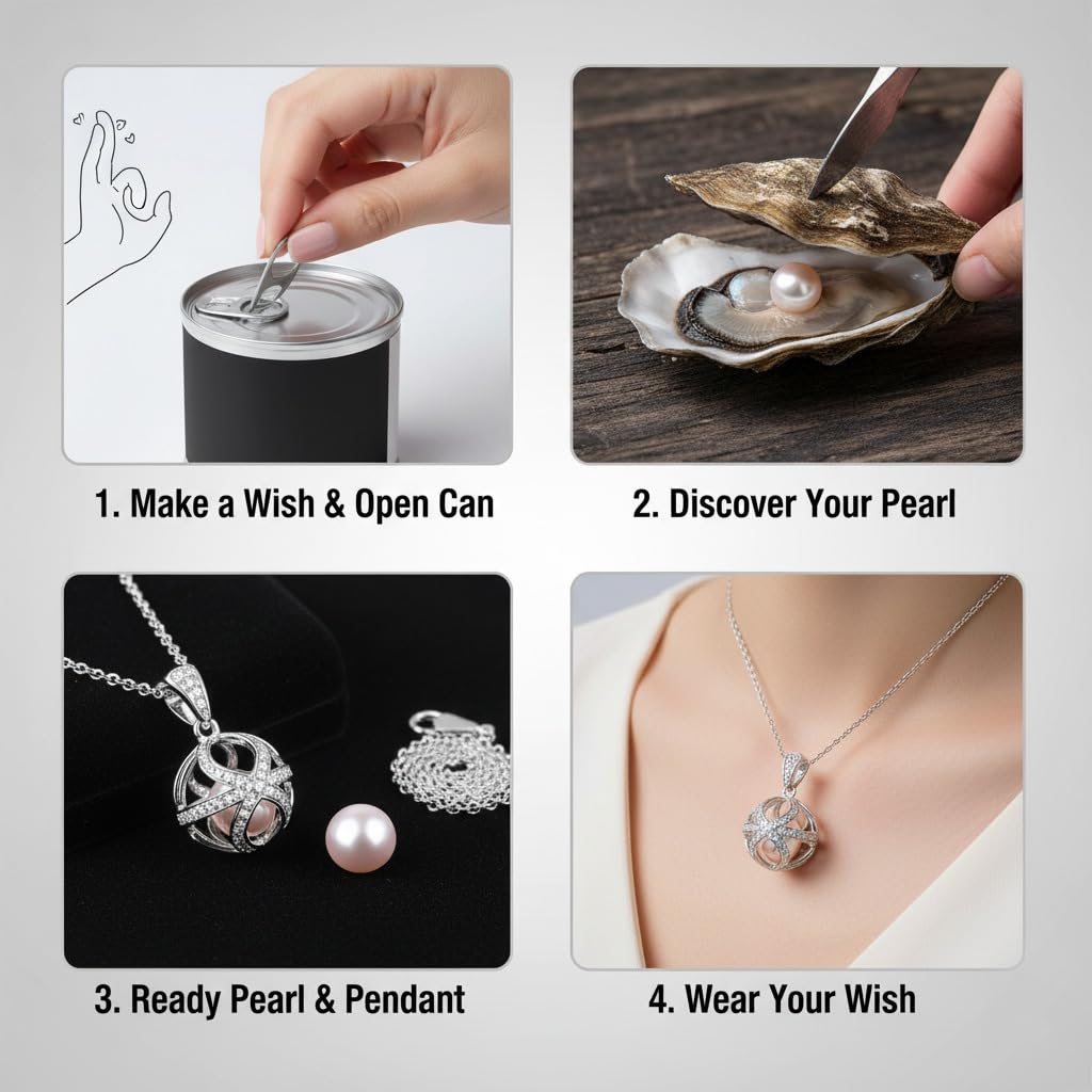 Step-by-step process of discovering a pearl and wearing it as jewelry.