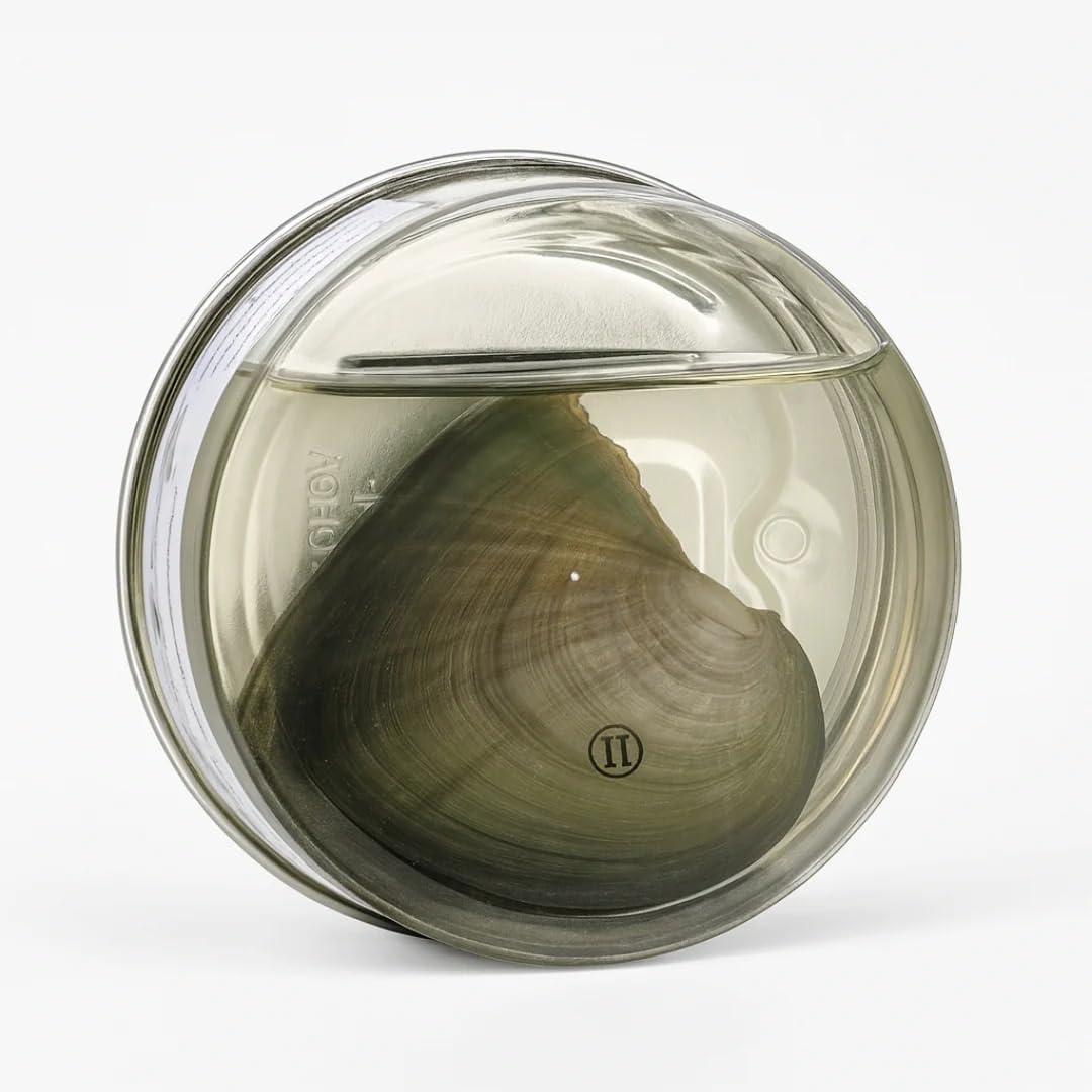 Clam shell in a clear container on a white background