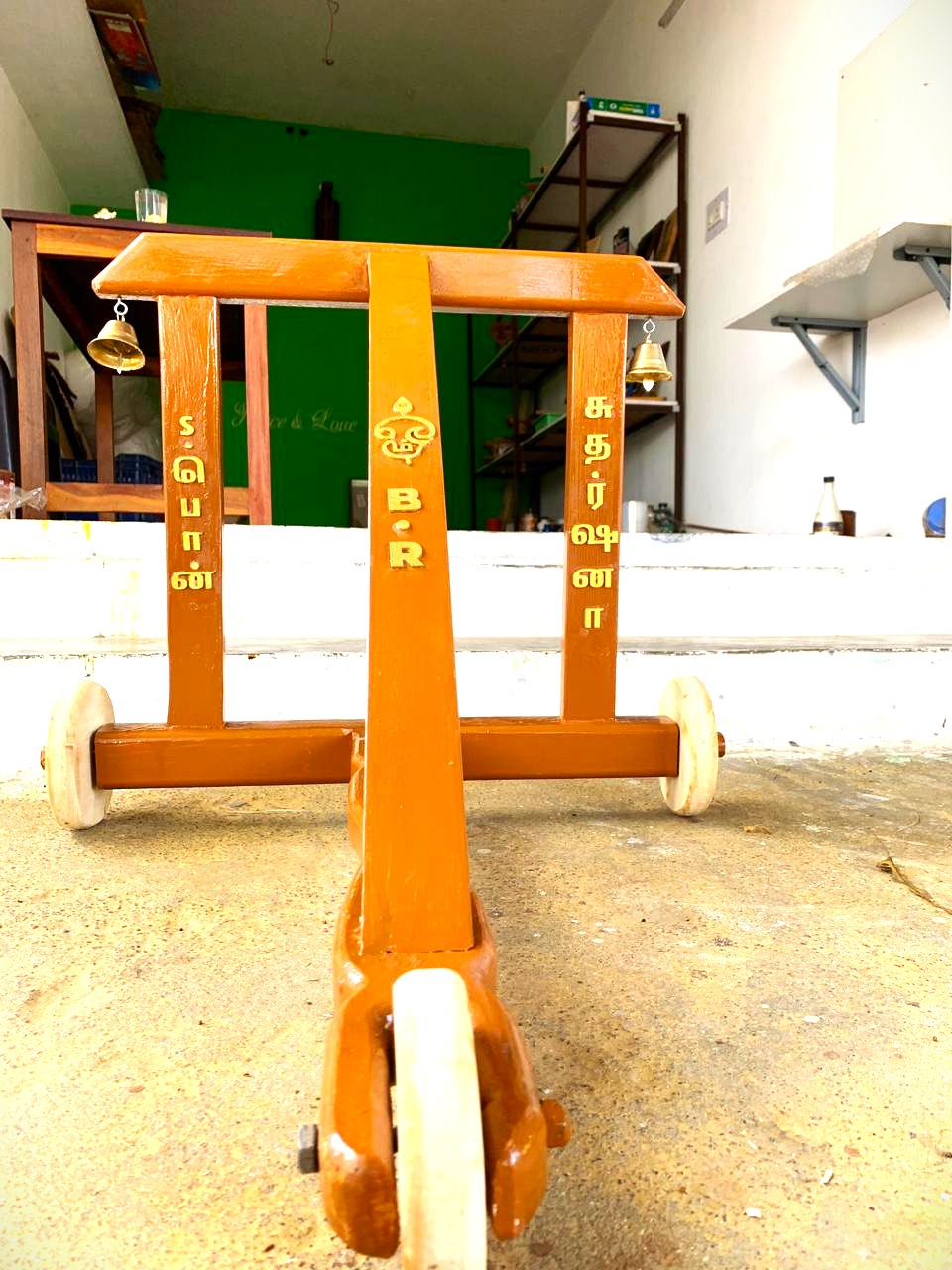 Handcrafted Traditional Wooden Baby Walker with Bells