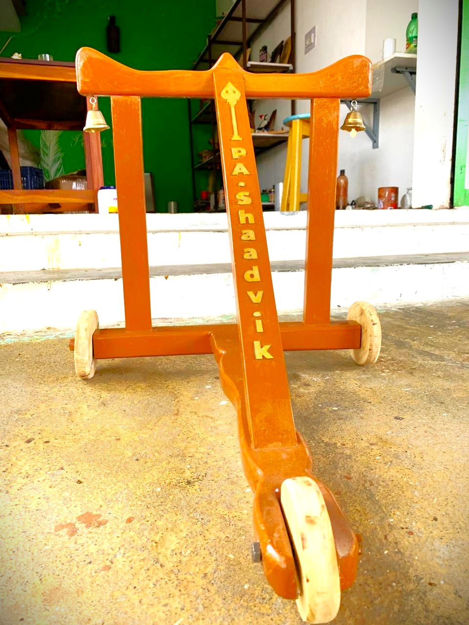 Handcrafted Traditional Wooden Baby Walker with Bells