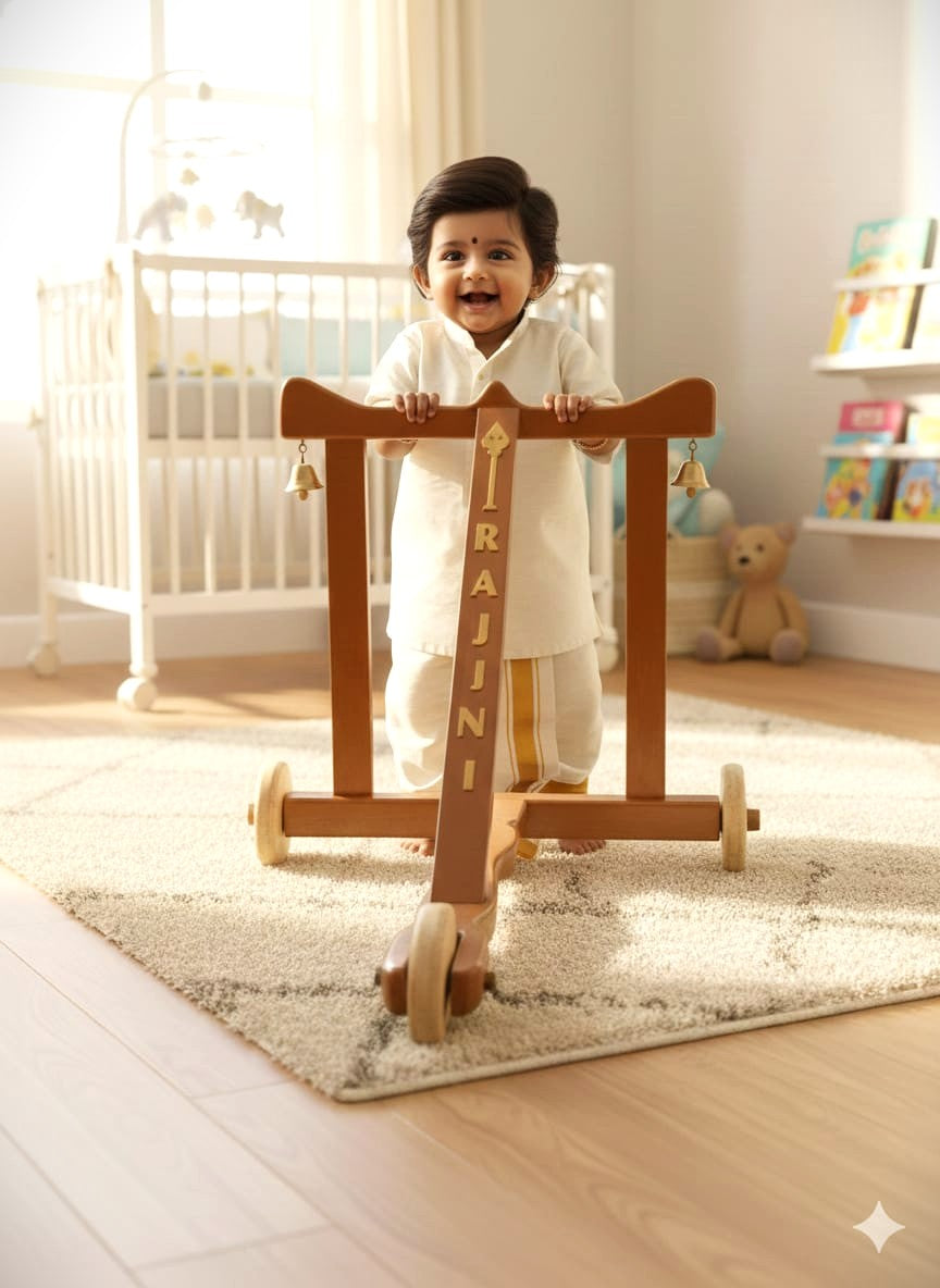 Handcrafted Traditional Wooden Baby Walker with Bells